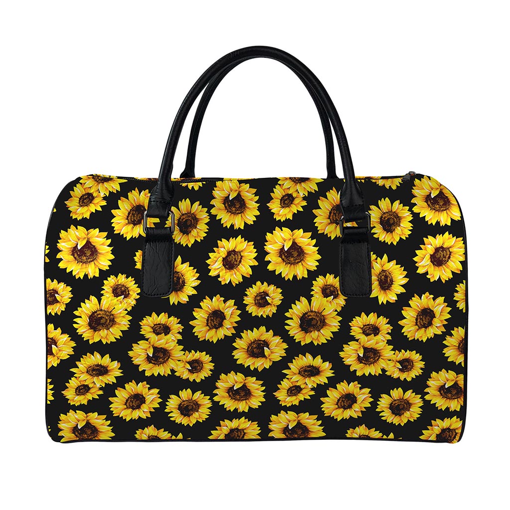Black Sunflower Pattern Print Leather Duffle Bag