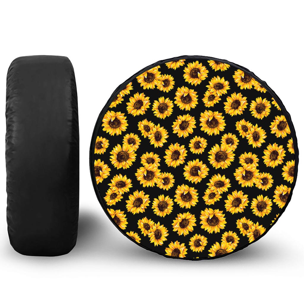 Black Sunflower Pattern Print Leather Spare Tire Cover