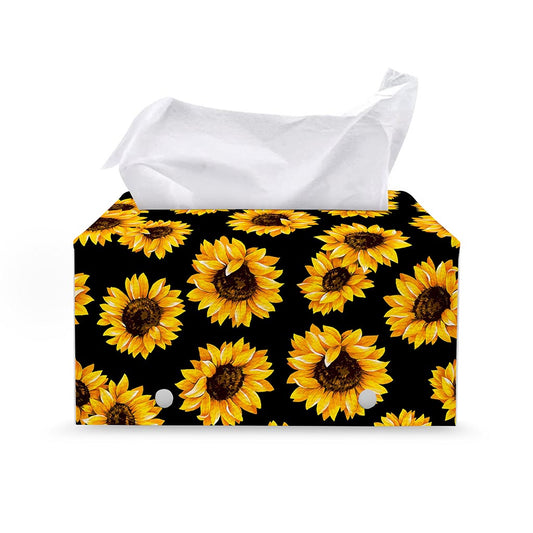 Black Sunflower Pattern Print Leather Tissue Box Cover