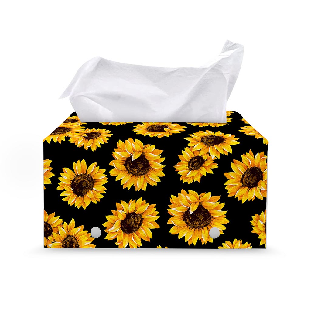 Black Sunflower Pattern Print Leather Tissue Box Cover