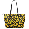 Black Sunflower Pattern Print Leather Tote Bag With Zipper