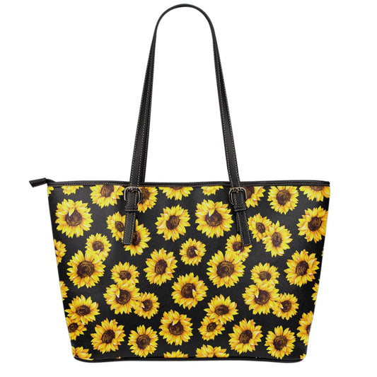 Black Sunflower Pattern Print Leather Tote Bag