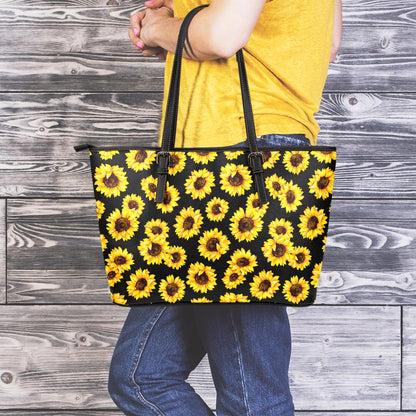 Black Sunflower Pattern Print Leather Tote Bag