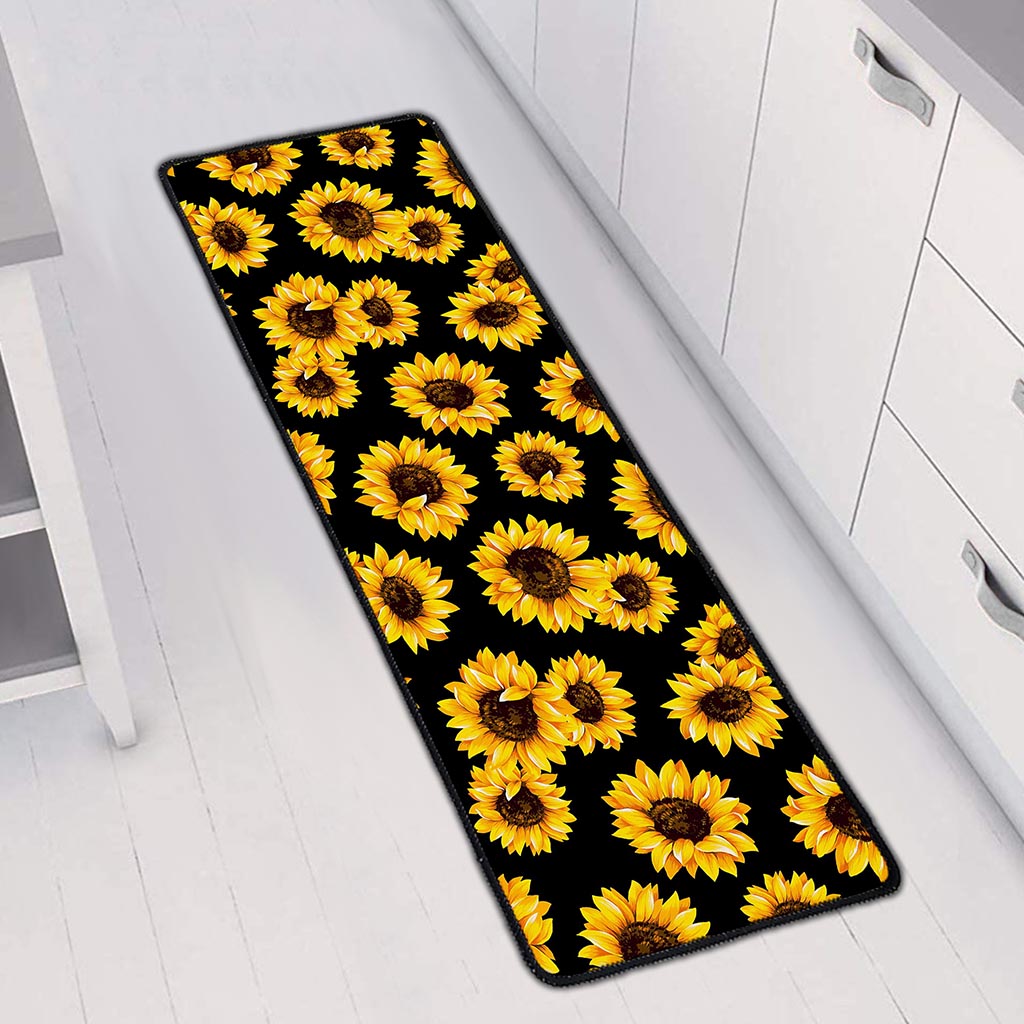 Black Sunflower Pattern Print Long Kitchen Mat