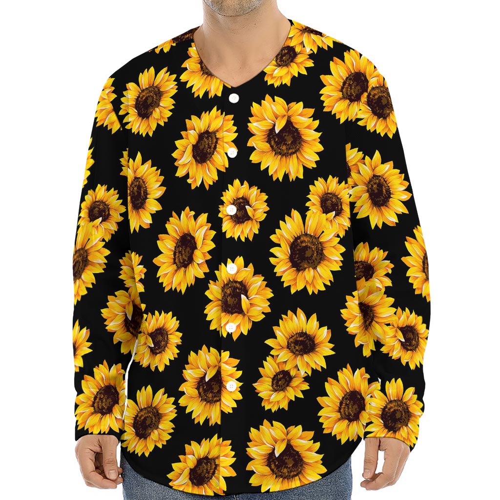 Black Sunflower Pattern Print Long Sleeve Baseball Jersey