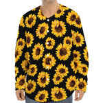 Black Sunflower Pattern Print Long Sleeve Baseball Jersey
