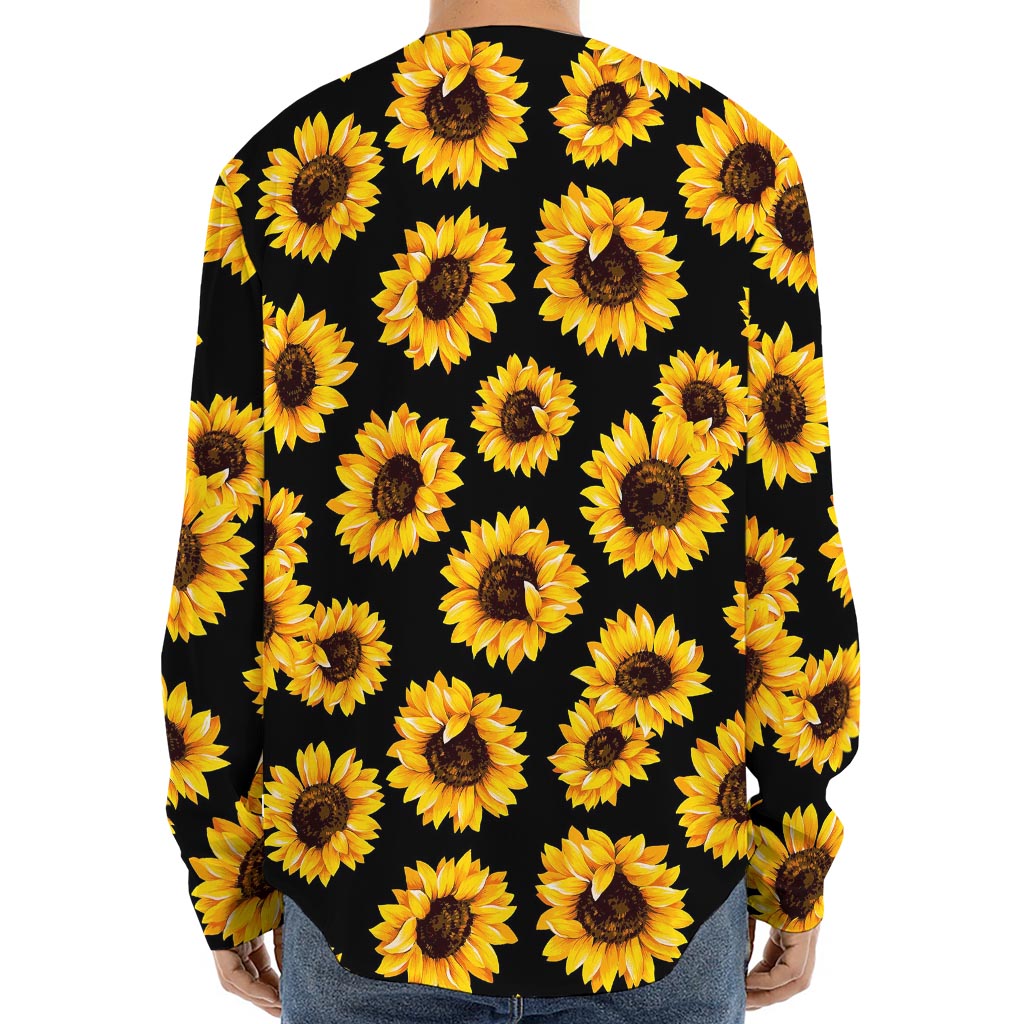 Black Sunflower Pattern Print Long Sleeve Baseball Jersey