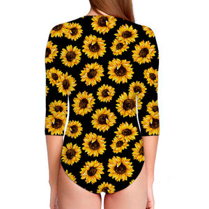 Black Sunflower Pattern Print Long Sleeve Swimsuit