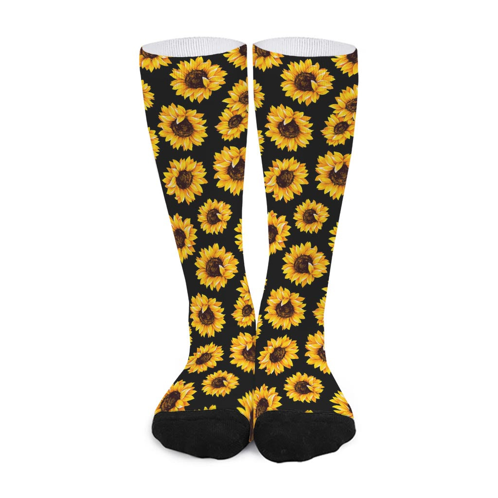 Black Sunflower Pattern Print Long Socks