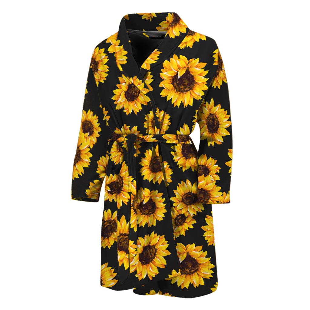 Black Sunflower Pattern Print Men's Bathrobe