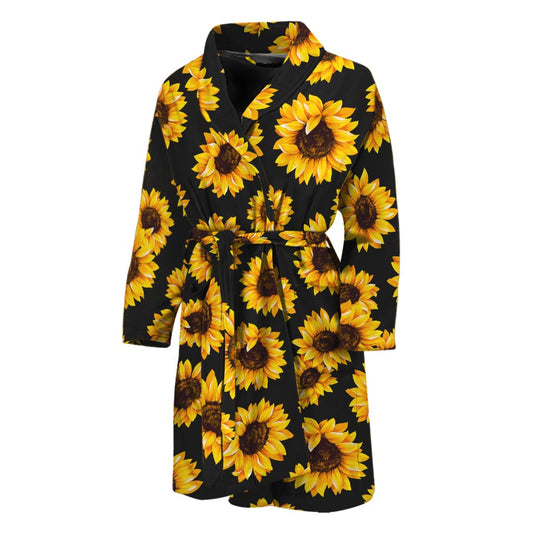 Black Sunflower Pattern Print Men's Bathrobe