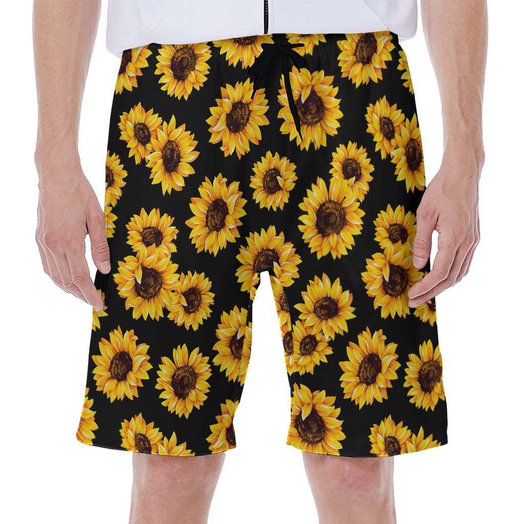 Black Sunflower Pattern Print Men's Beach Shorts