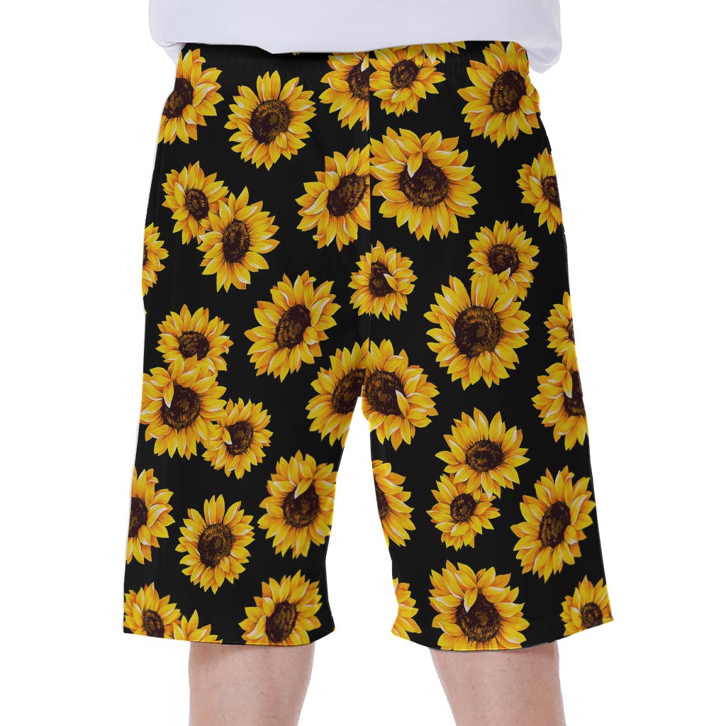 Black Sunflower Pattern Print Men's Beach Shorts