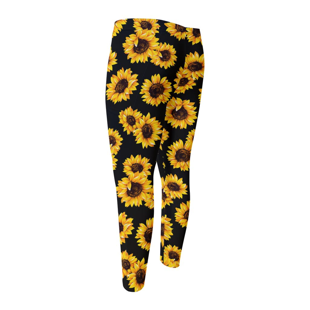 Black Sunflower Pattern Print Men's Compression Pants