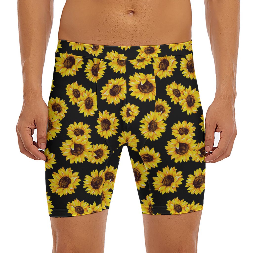 Black Sunflower Pattern Print Men's Long Boxer Briefs