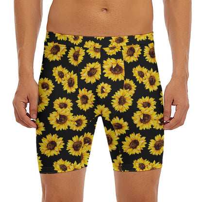 Black Sunflower Pattern Print Men's Long Boxer Briefs