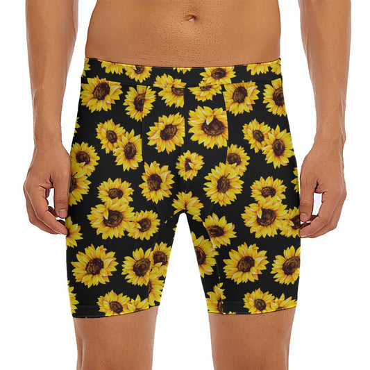 Black Sunflower Pattern Print Men's Long Boxer Briefs