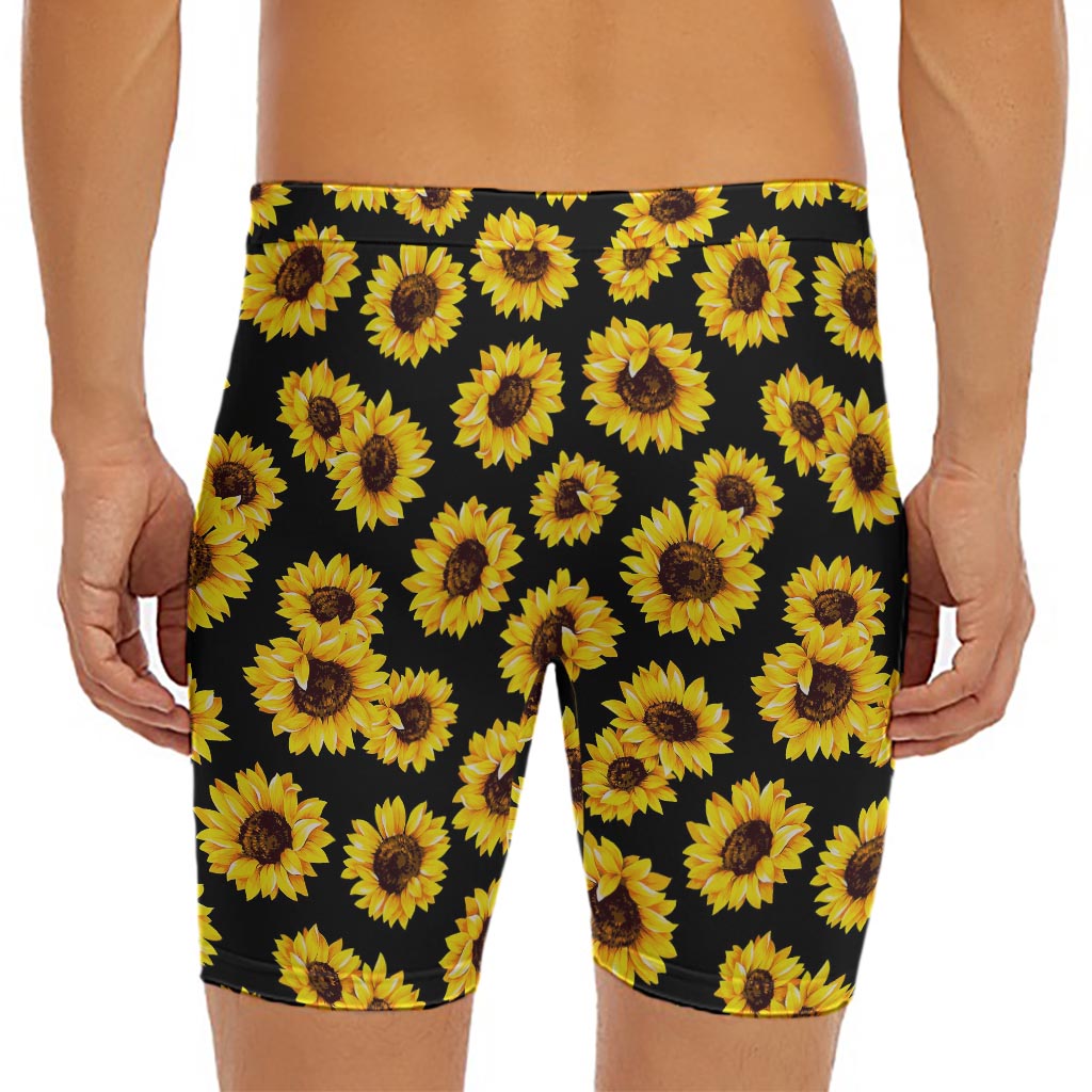 Black Sunflower Pattern Print Men's Long Boxer Briefs