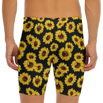 Black Sunflower Pattern Print Men's Long Boxer Briefs