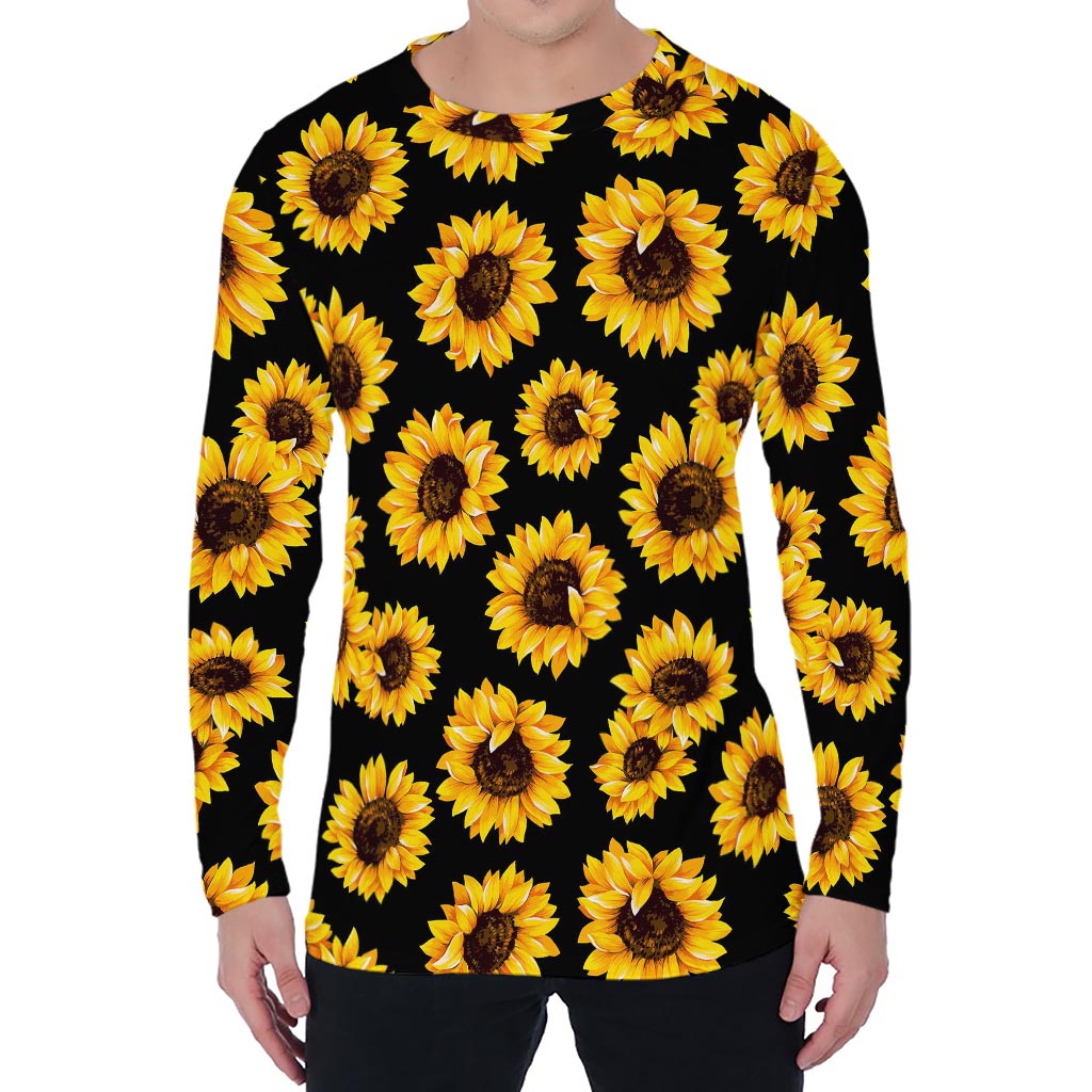 Black Sunflower Pattern Print Men's Long Sleeve T-Shirt