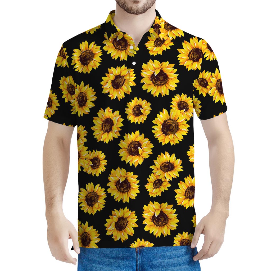 Black Sunflower Pattern Print Men's Polo Shirt
