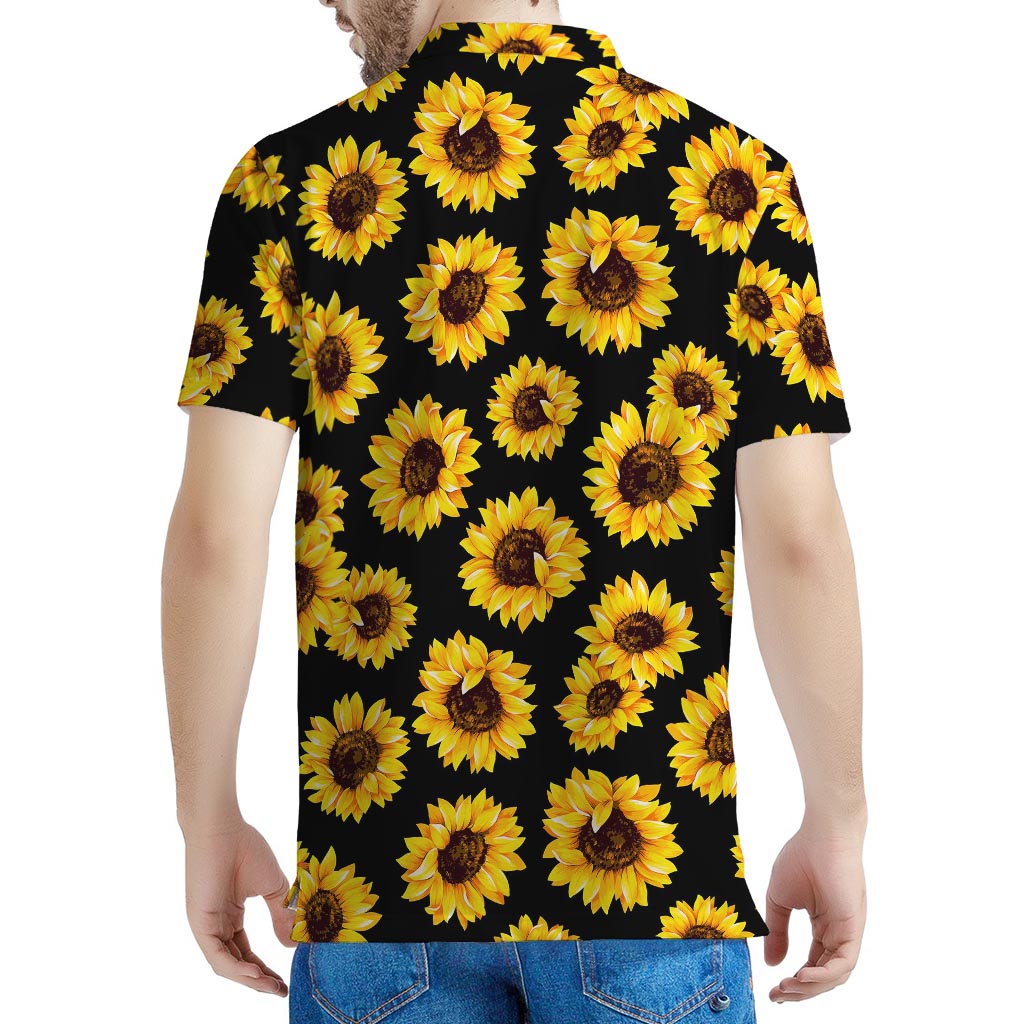 Black Sunflower Pattern Print Men's Polo Shirt