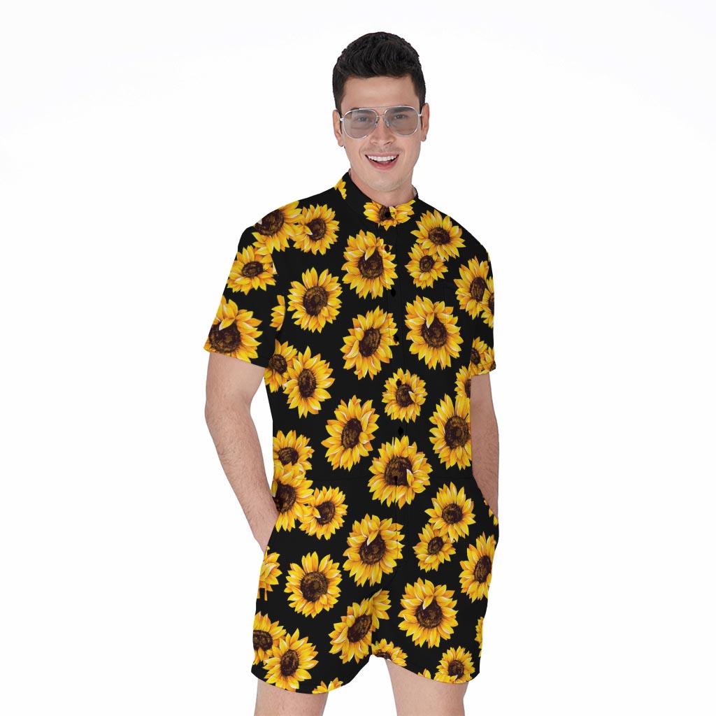 Black Sunflower Pattern Print Men's Rompers