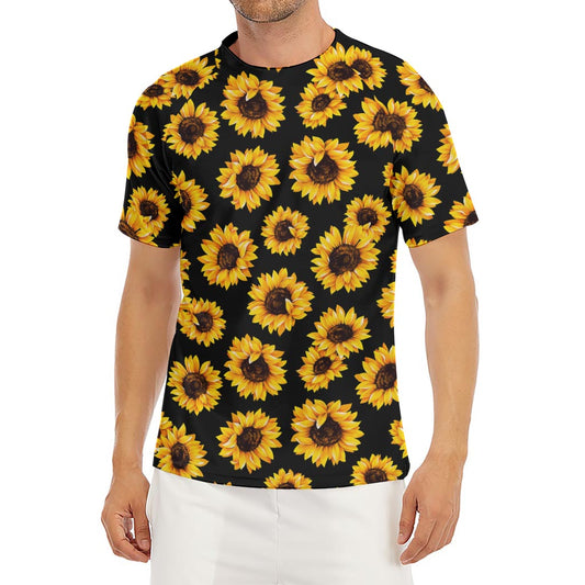 Black Sunflower Pattern Print Men's Short Sleeve Rash Guard