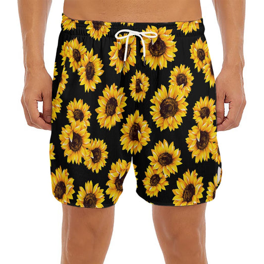 Black Sunflower Pattern Print Men's Split Running Shorts