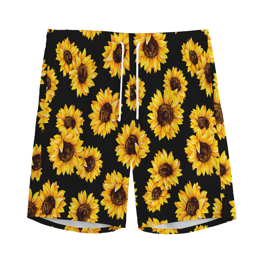 Black Sunflower Pattern Print Men's Sports Shorts