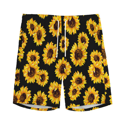 Black Sunflower Pattern Print Men's Sports Shorts