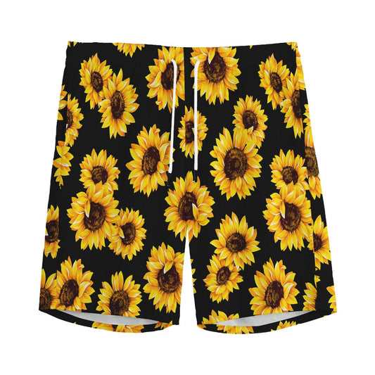 Black Sunflower Pattern Print Men's Sports Shorts