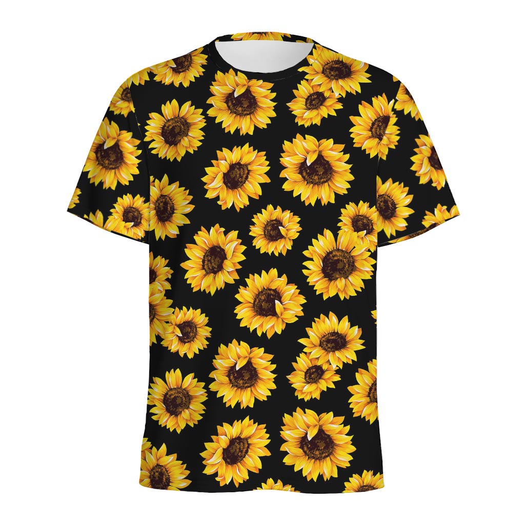 Black Sunflower Pattern Print Men's Sports T-Shirt