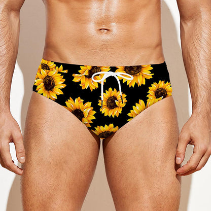Black Sunflower Pattern Print Men's Swim Briefs