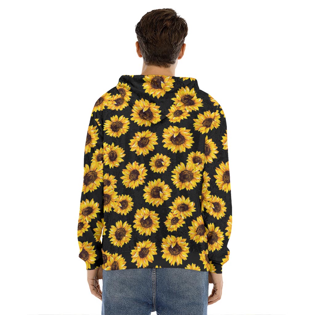 Black Sunflower Pattern Print Men's Velvet Pullover Hoodie