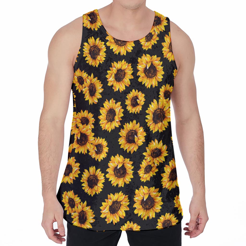 Black Sunflower Pattern Print Men's Velvet Tank Top