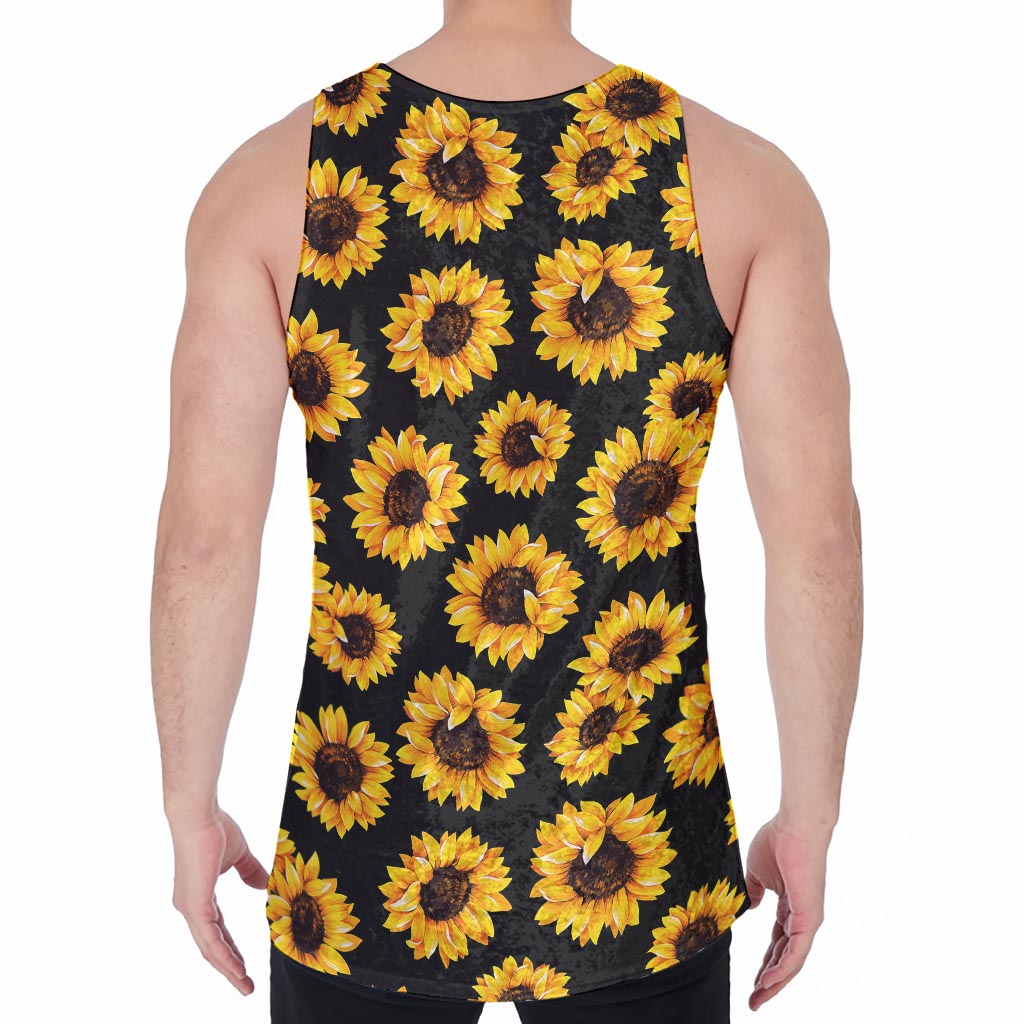 Black Sunflower Pattern Print Men's Velvet Tank Top