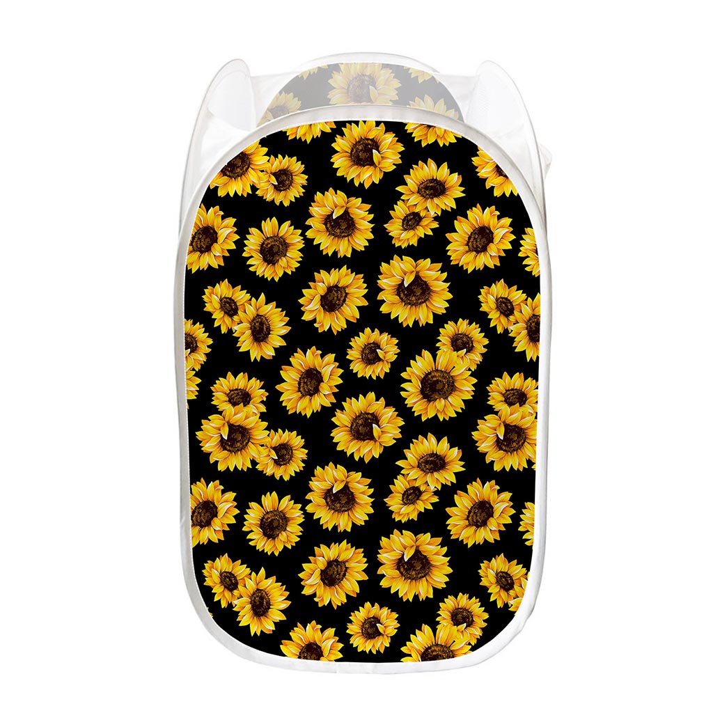 Black Sunflower Pattern Print Mesh Laundry Hamper