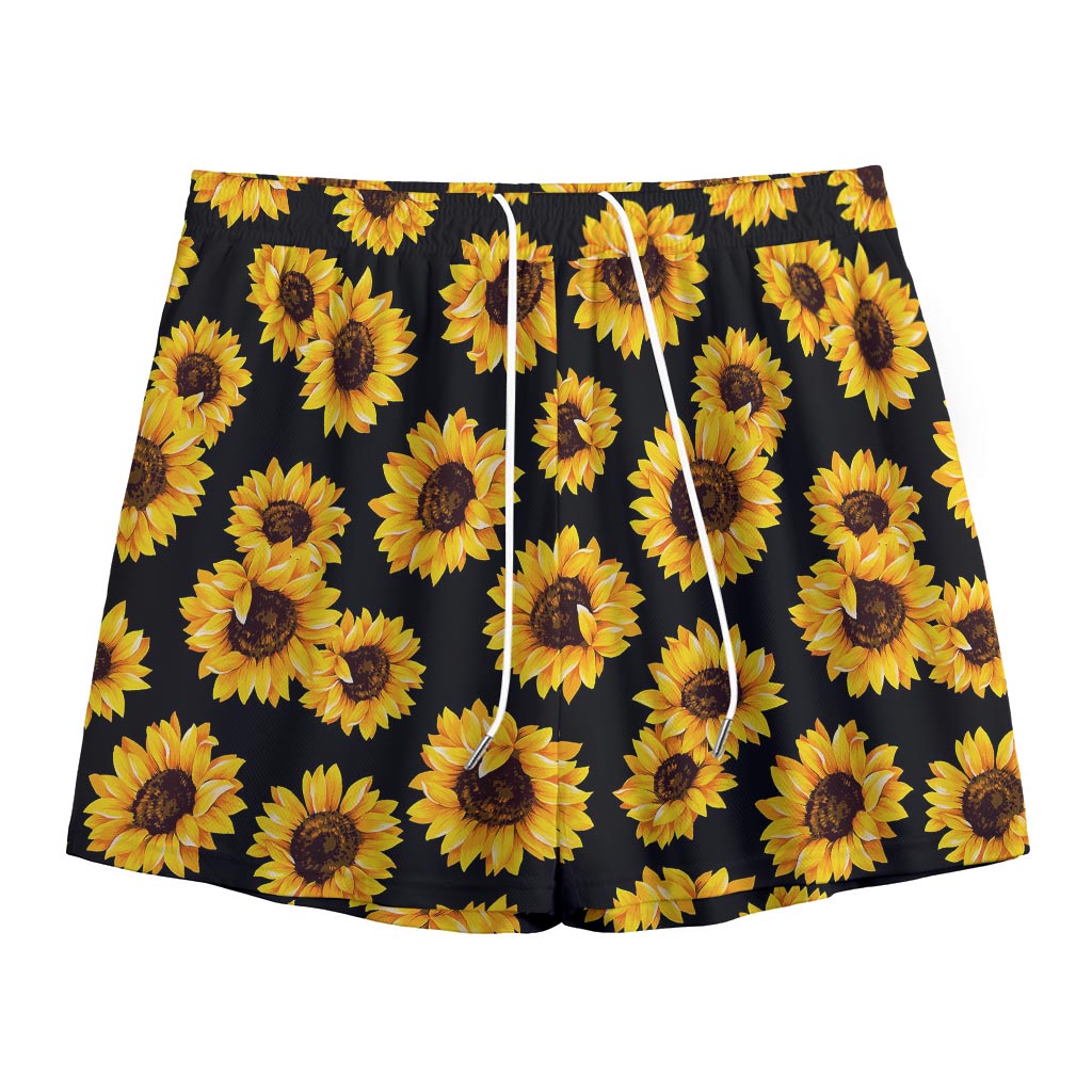Black Sunflower Pattern Print Mesh Shorts