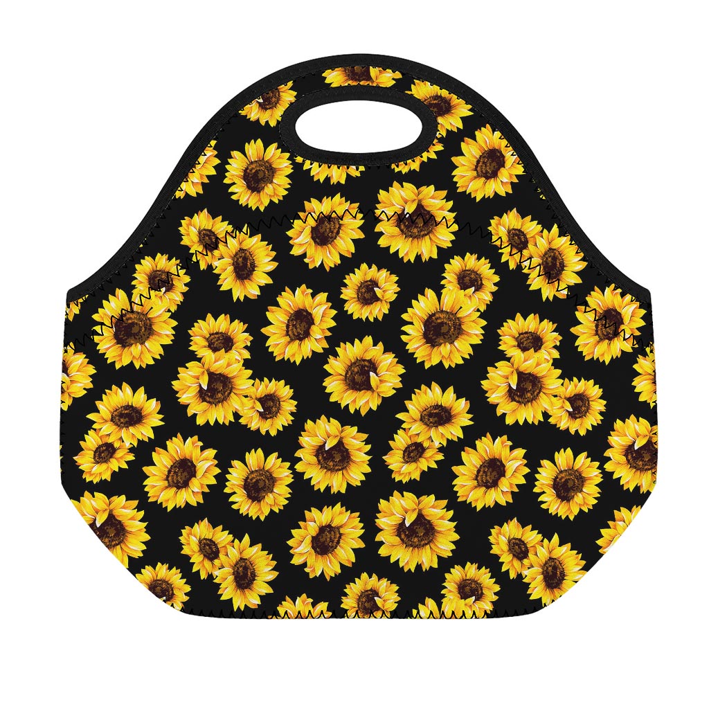Black Sunflower Pattern Print Neoprene Lunch Bag