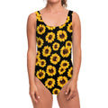 Black Sunflower Pattern Print One Piece Swimsuit