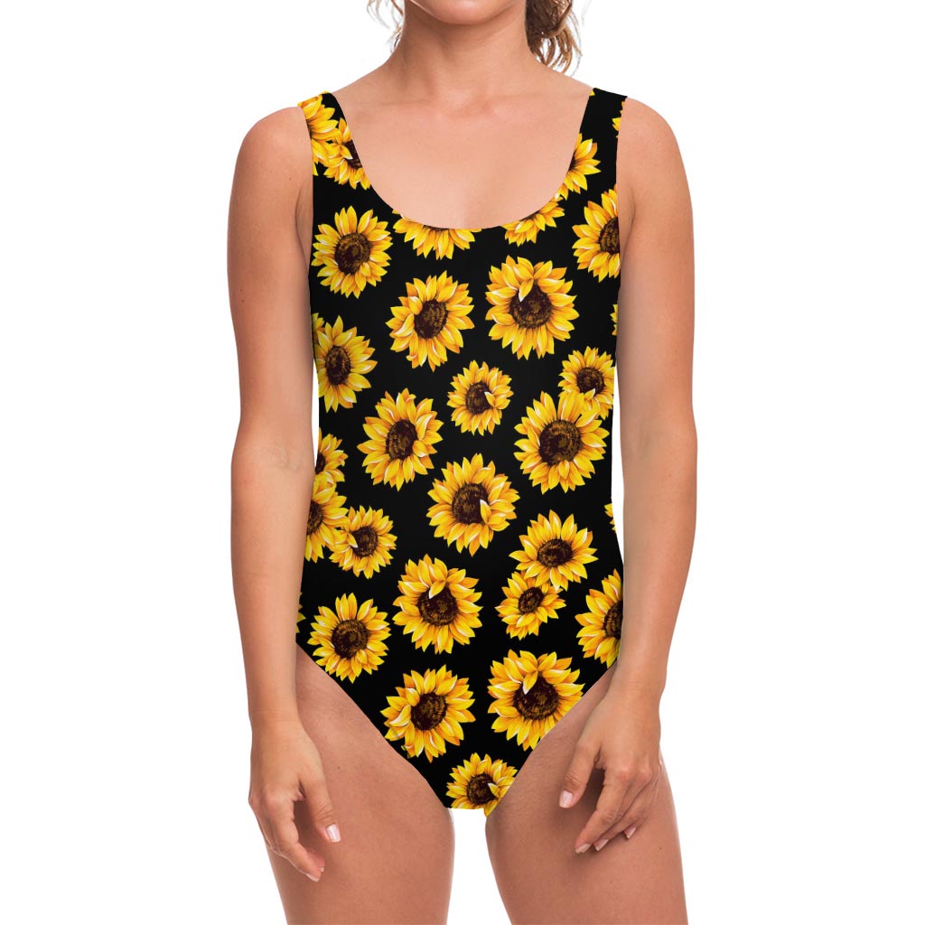 Black Sunflower Pattern Print One Piece Swimsuit