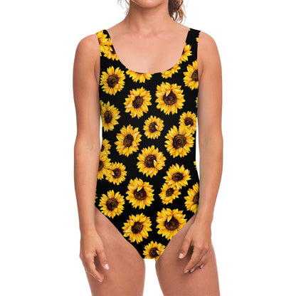 Black Sunflower Pattern Print One Piece Swimsuit
