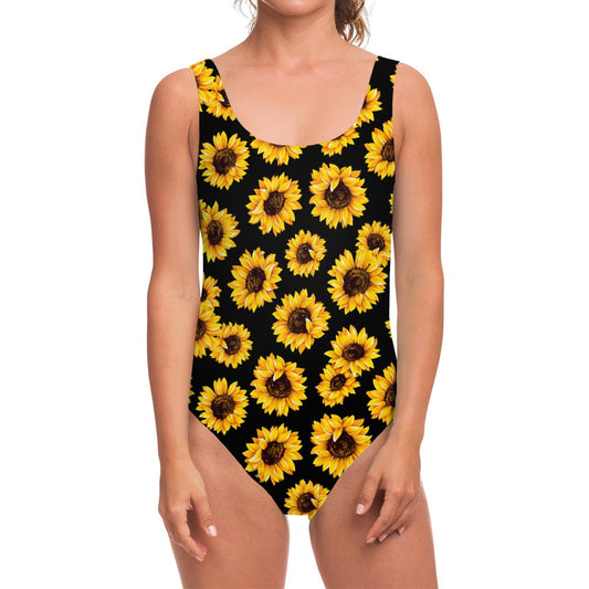 Black Sunflower Pattern Print One Piece Swimsuit