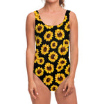 Black Sunflower Pattern Print One Piece Swimsuit