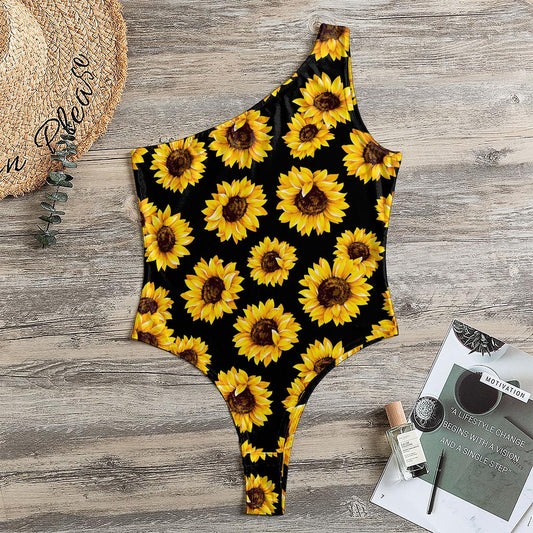 Black Sunflower Pattern Print One Shoulder Bodysuit