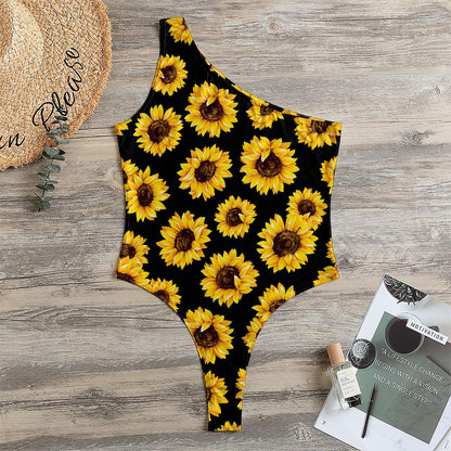Black Sunflower Pattern Print One Shoulder Bodysuit
