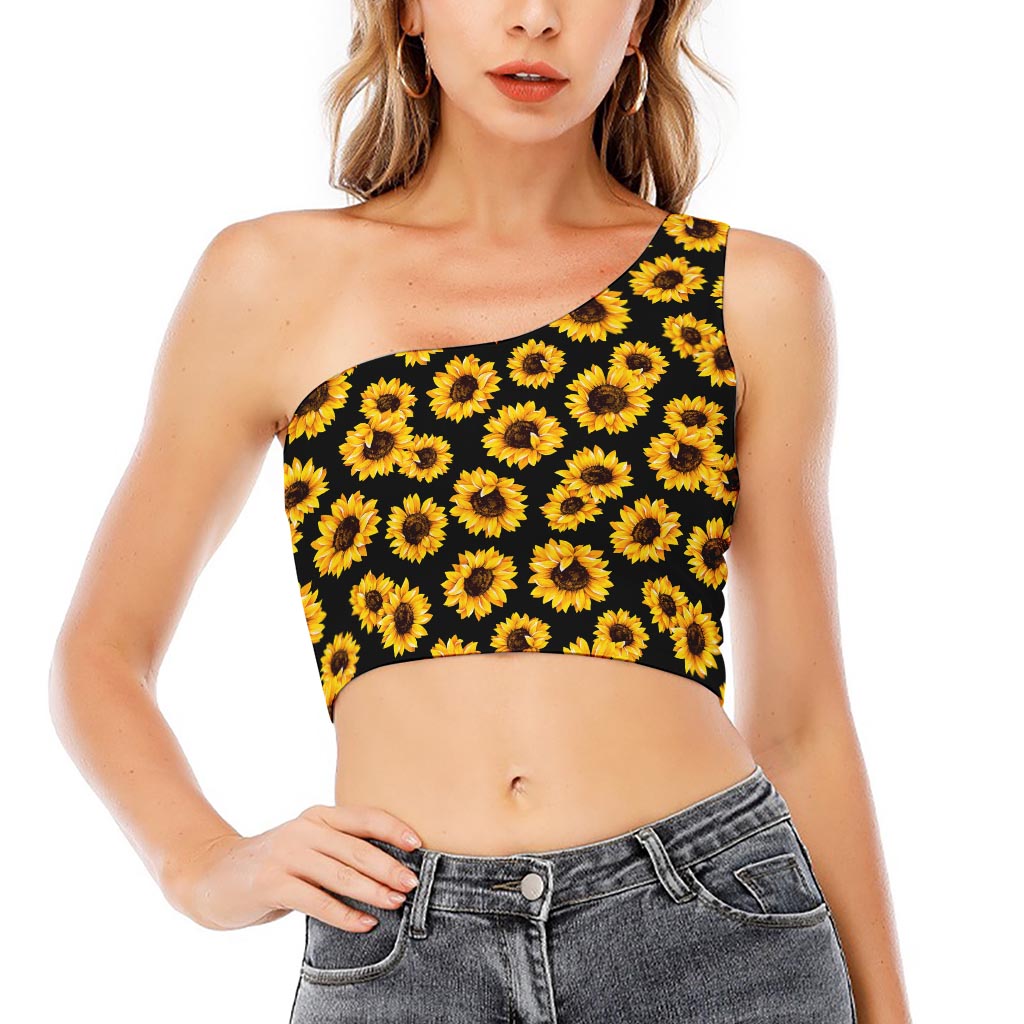 Black Sunflower Pattern Print One Shoulder Crop Top