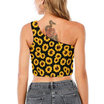 Black Sunflower Pattern Print One Shoulder Crop Top