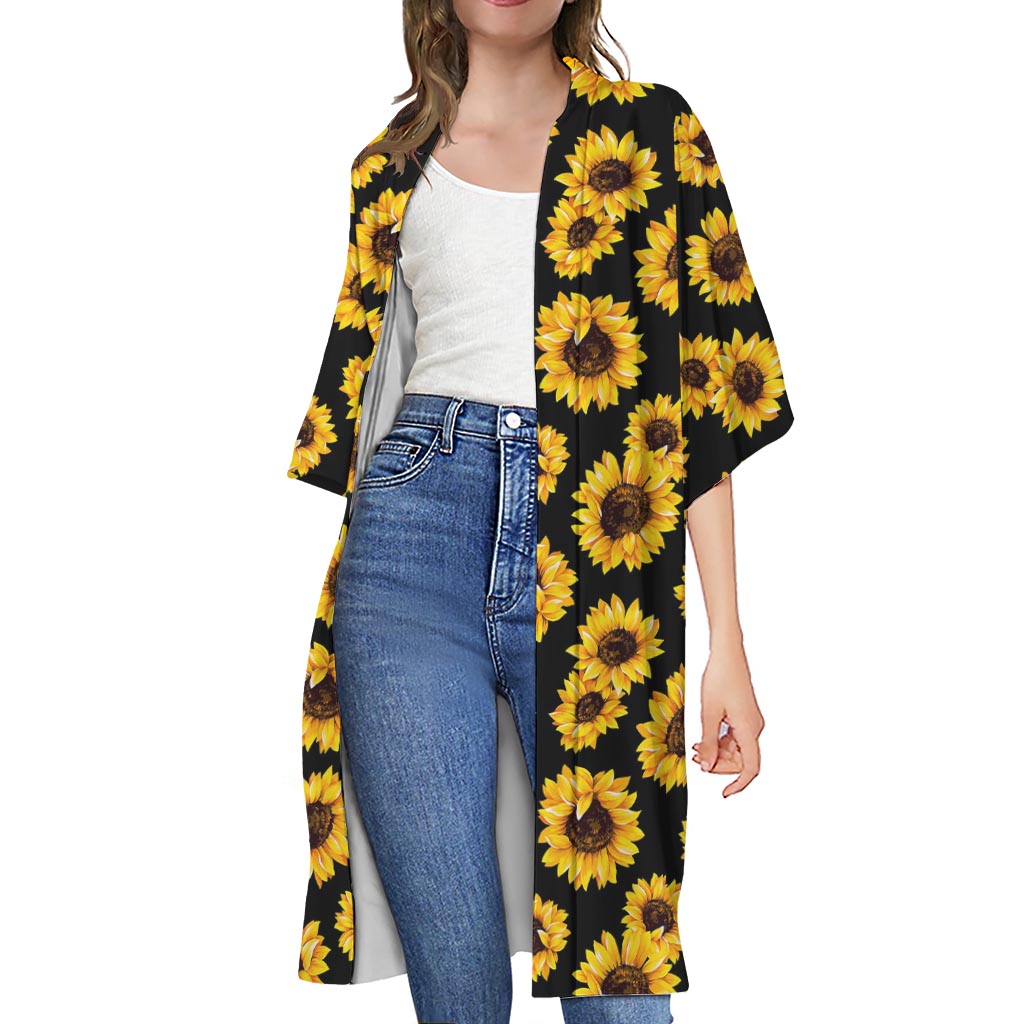Black Sunflower Pattern Print Open Front Beach Cover Up